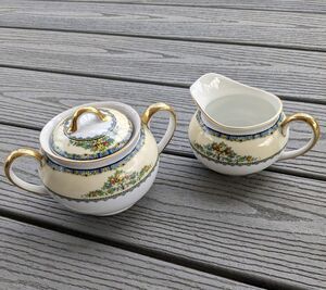 Noritake Avril China Creamer & Sugar w Lid 1918-1931 Floral Gold Blue Antique
